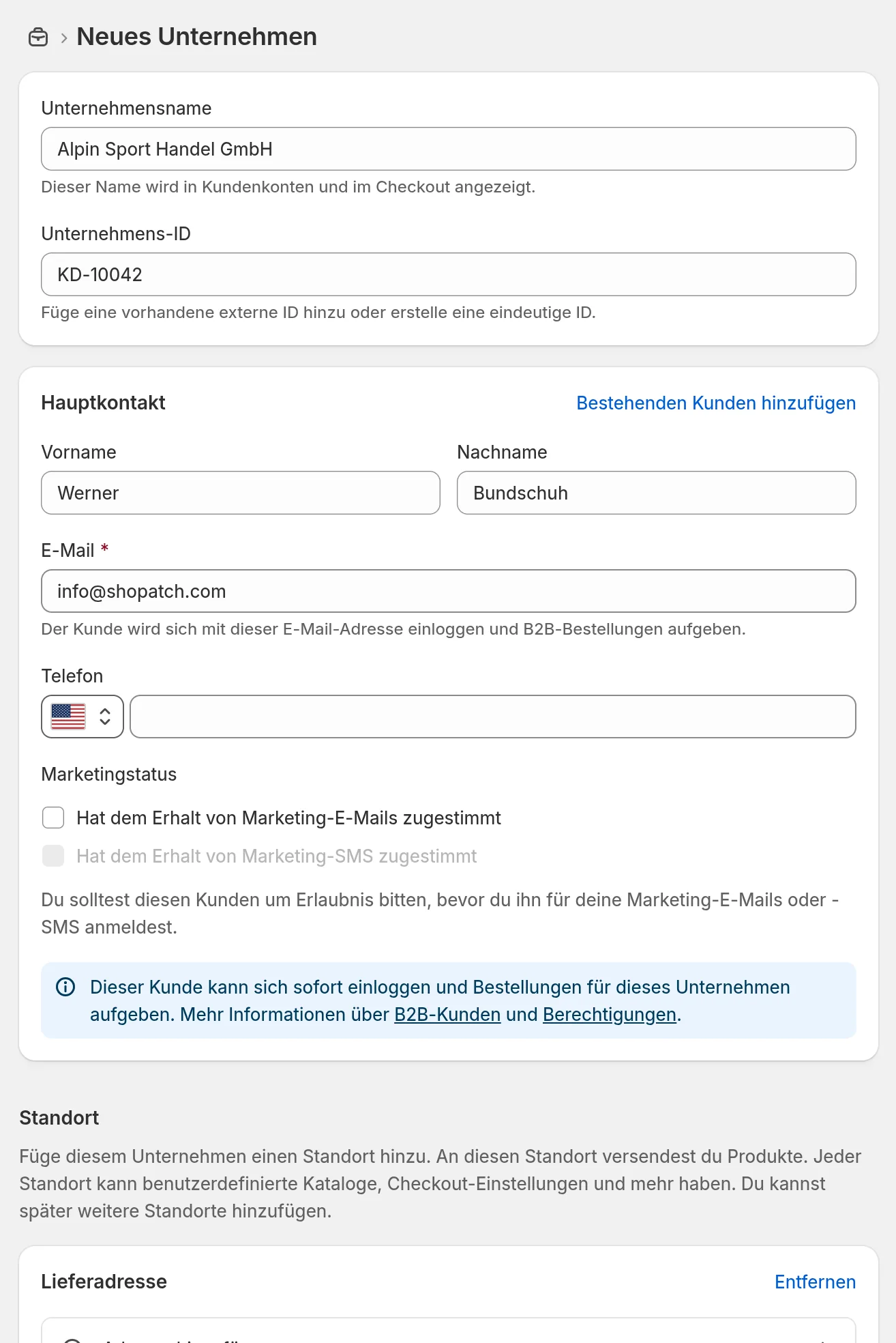 Shopify-Admin, Formular Neues Unternehmen mit ausgefülltem Unternehmensnamen, Unternehmens-ID und Hauptkontakt