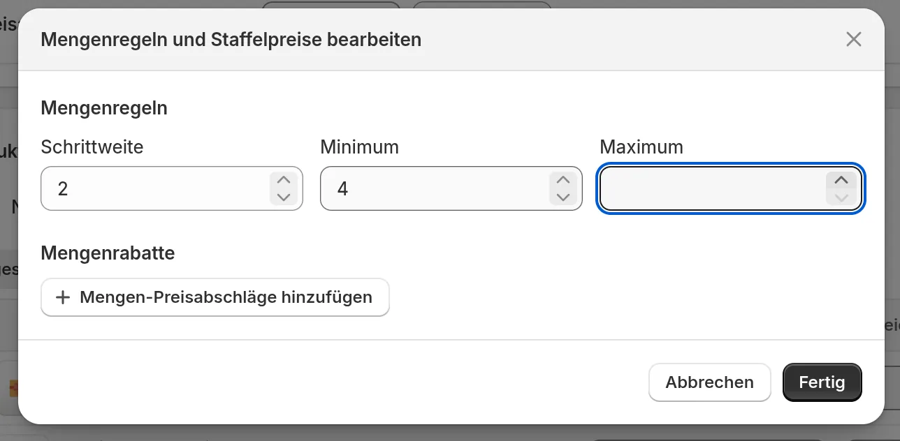 Dialog Mengenregeln und Staffelpreise bearbeiten im Shopify-Admin mit den Feldern Schrittweite, Minimum und Maximum