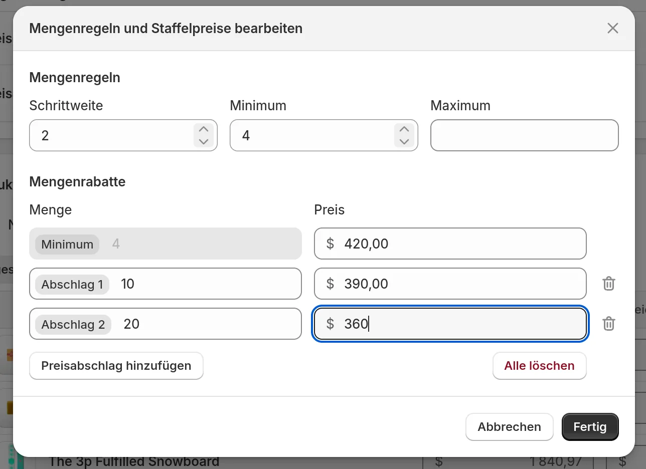 Mengenrabatte im Shopify-Admin: Minimum bei 420 Dollar, Abschlag 1 ab 10 Stück bei 390 Dollar, Abschlag 2 ab 20 Stück bei 360 Dollar