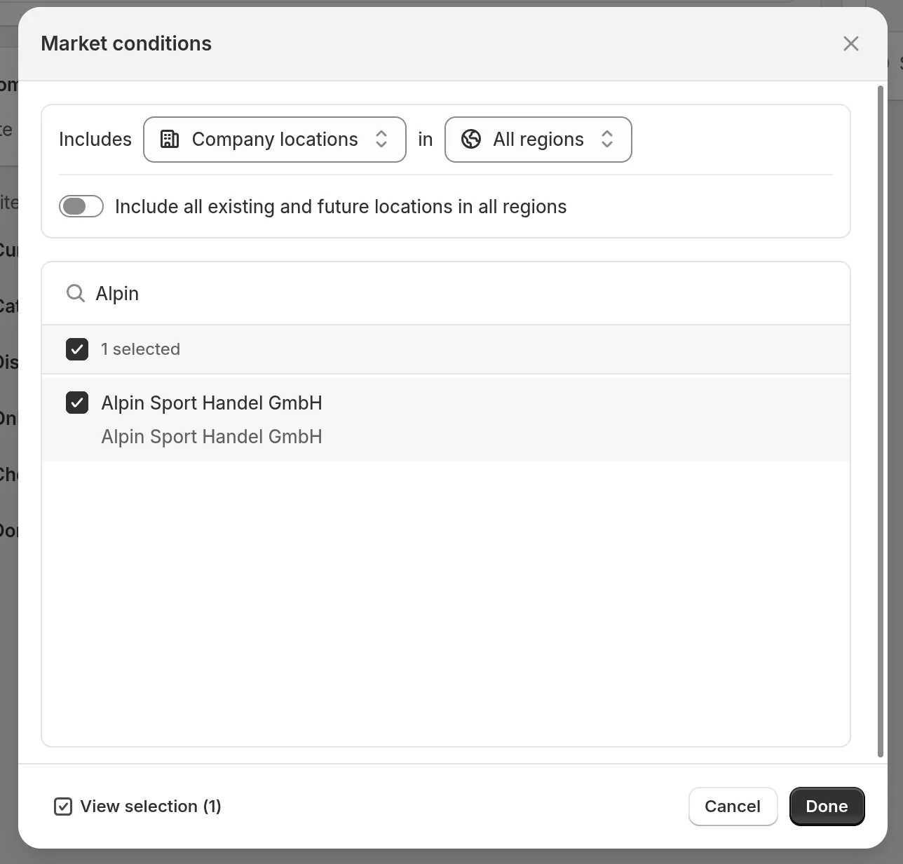 Market conditions dialog in the Shopify admin with the condition type set to Company locations and one location selected