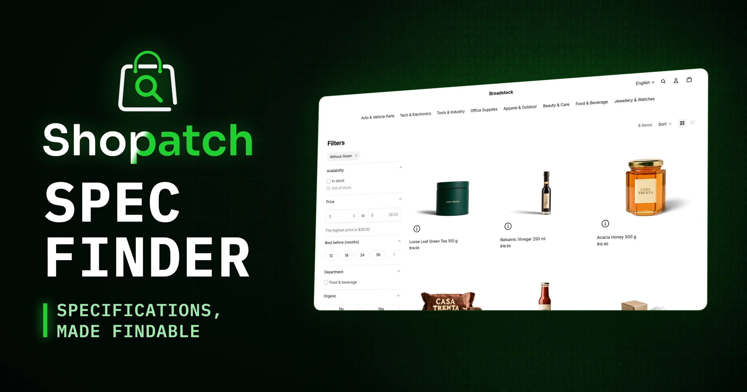 Specfinder von Shopatch: Kollektionsseite eines Testladens mit dem aktiven Filter „Without Gluten“ in der Filterleiste